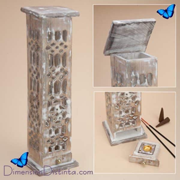 Imagen caja guardavarillas 31 cms labrada con pentagrama con cajon extraible para quemar fuera de la caja | DimensionDistinta