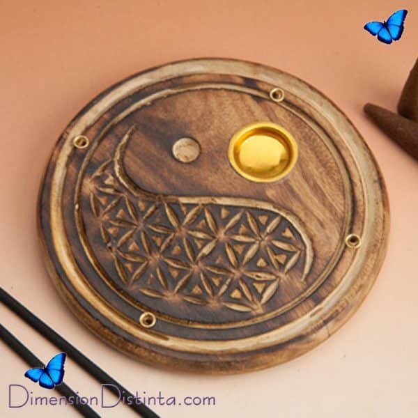 Imagen incensario redondo madera decorado ying yang 10 cms | DimensionDistinta