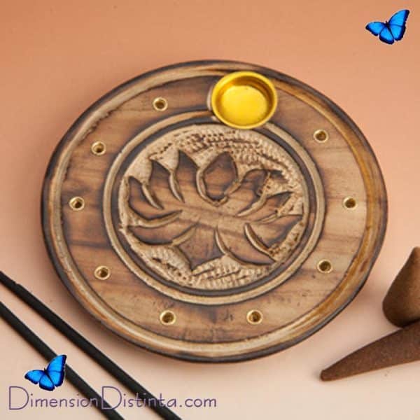 Imagen incensario redondo madera flor de loto grabado 10cm | DimensionDistinta