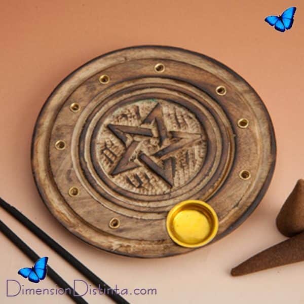 Imagen incensario redondo madera pentagrama grabado 10cm | DimensionDistinta