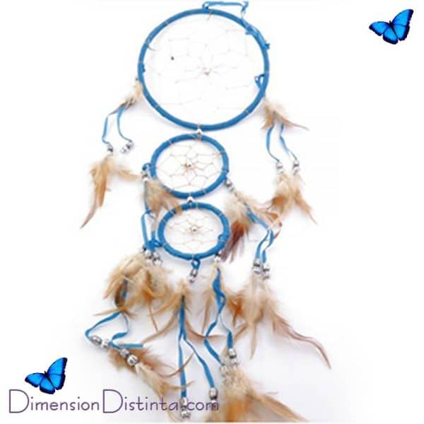 Imagen atrapasuenos azul con plumas 3 circulos 16 cm | DimensionDistinta