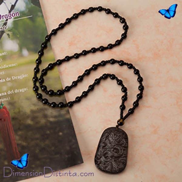 Imagen collar cuentas medallon dragon de obsidiana 65 cm fuerza y suerte | DimensionDistinta