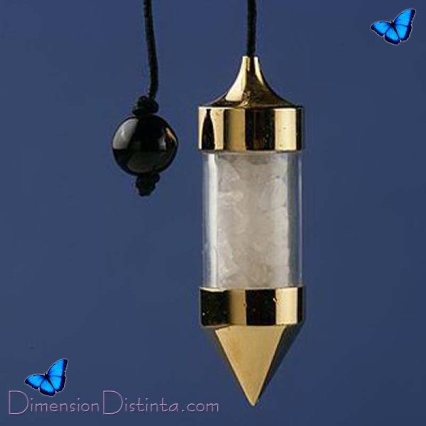 Imagen pendulo visor de laton y cristal con cuarzo rosa 47 cms x 15 cms o 21 gramos cordon negro | DimensionDistinta