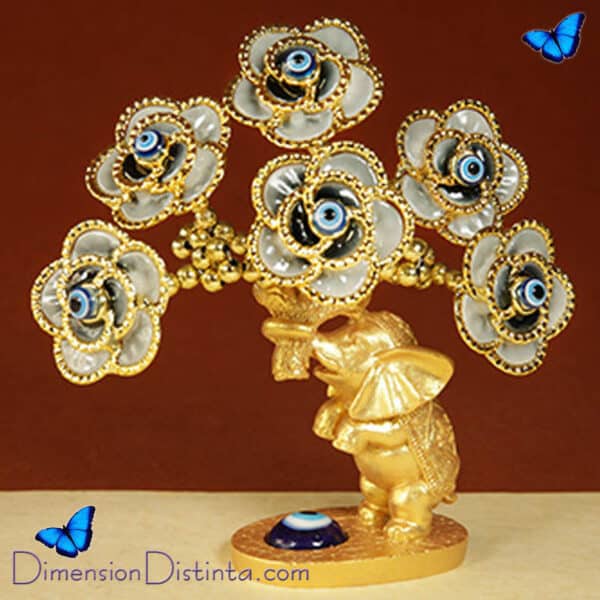 Imagen arbolito dorado de ojos turcos y base con elefante 8cm | DimensionDistinta