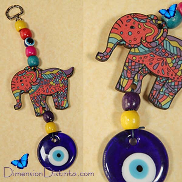 Imagen colgante de madera diseno elefante de colores y ojo turco | DimensionDistinta