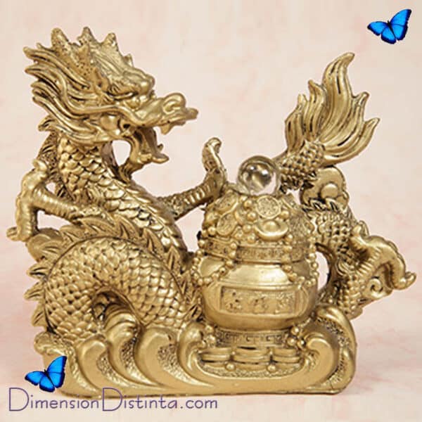 Imagen figura de resina dragon chino con sapo y lingote 14x13 suerte y | DimensionDistinta