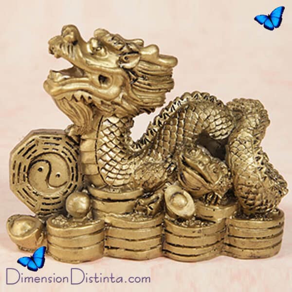 Imagen figura de resina dragon chino sobre monedas | DimensionDistinta
