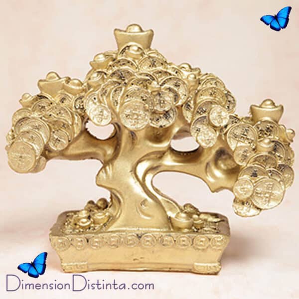 Imagen figura resina arbol dorado feng shui monedas abundancia y suerte | DimensionDistinta