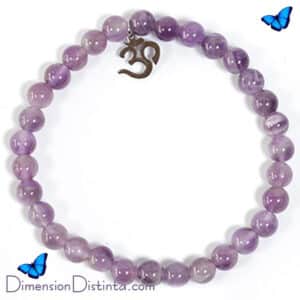 Pulsera elastica de amatista con dije simbolo OM en acero inoxidable bola 6 mm