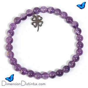 Pulsera elastica de amatista con dije trebol en acero inoxidable bola 6 mm