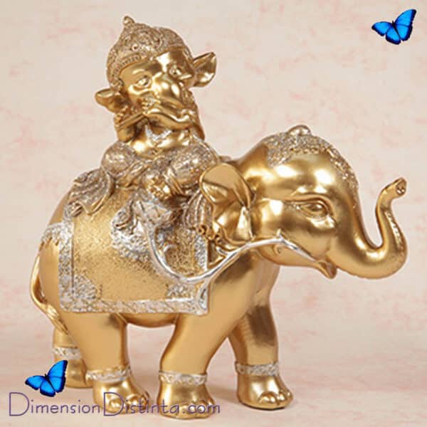 Imagen figura de resina dorado buda monje sobre elefante | DimensionDistinta
